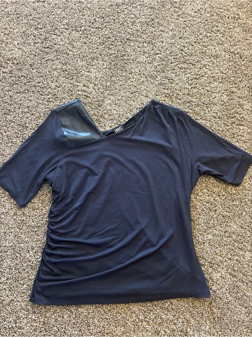 INC International Concepts Navy Short Sleeve Top with Faux Leather Accent
